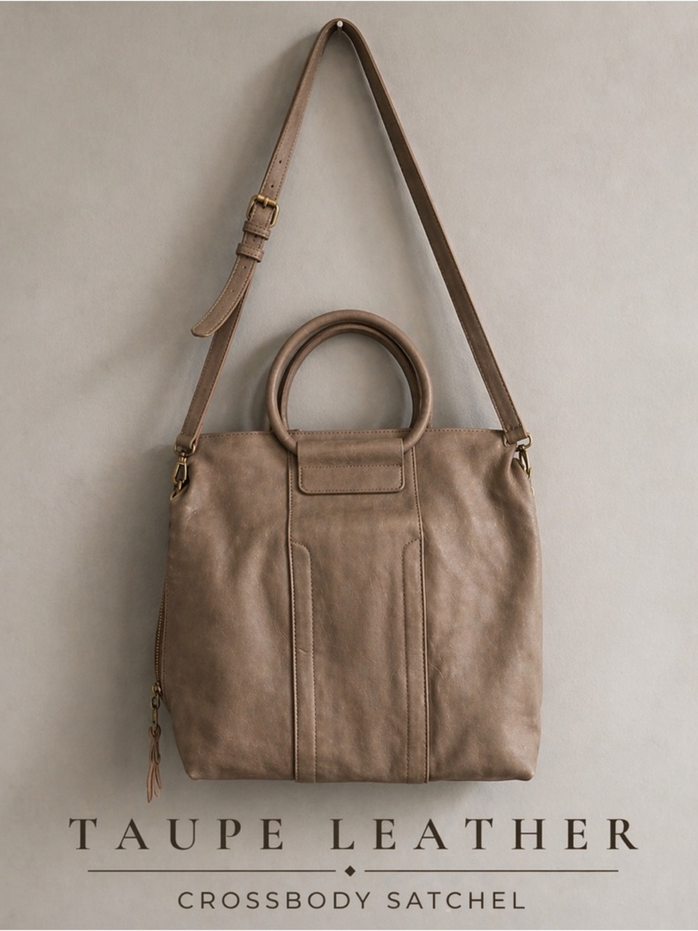 Taupe Leather Crossbody Satchel Bag Top Handle Slouchy Tote